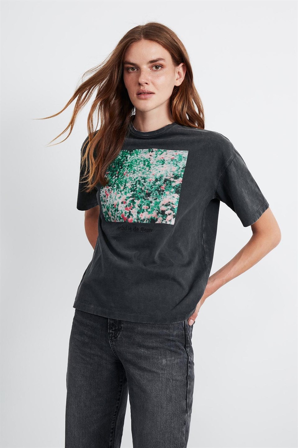 LILO Kadın Koyu Gri Baskılı Yuvarlak Yaka Comfort Fit T-Shirt