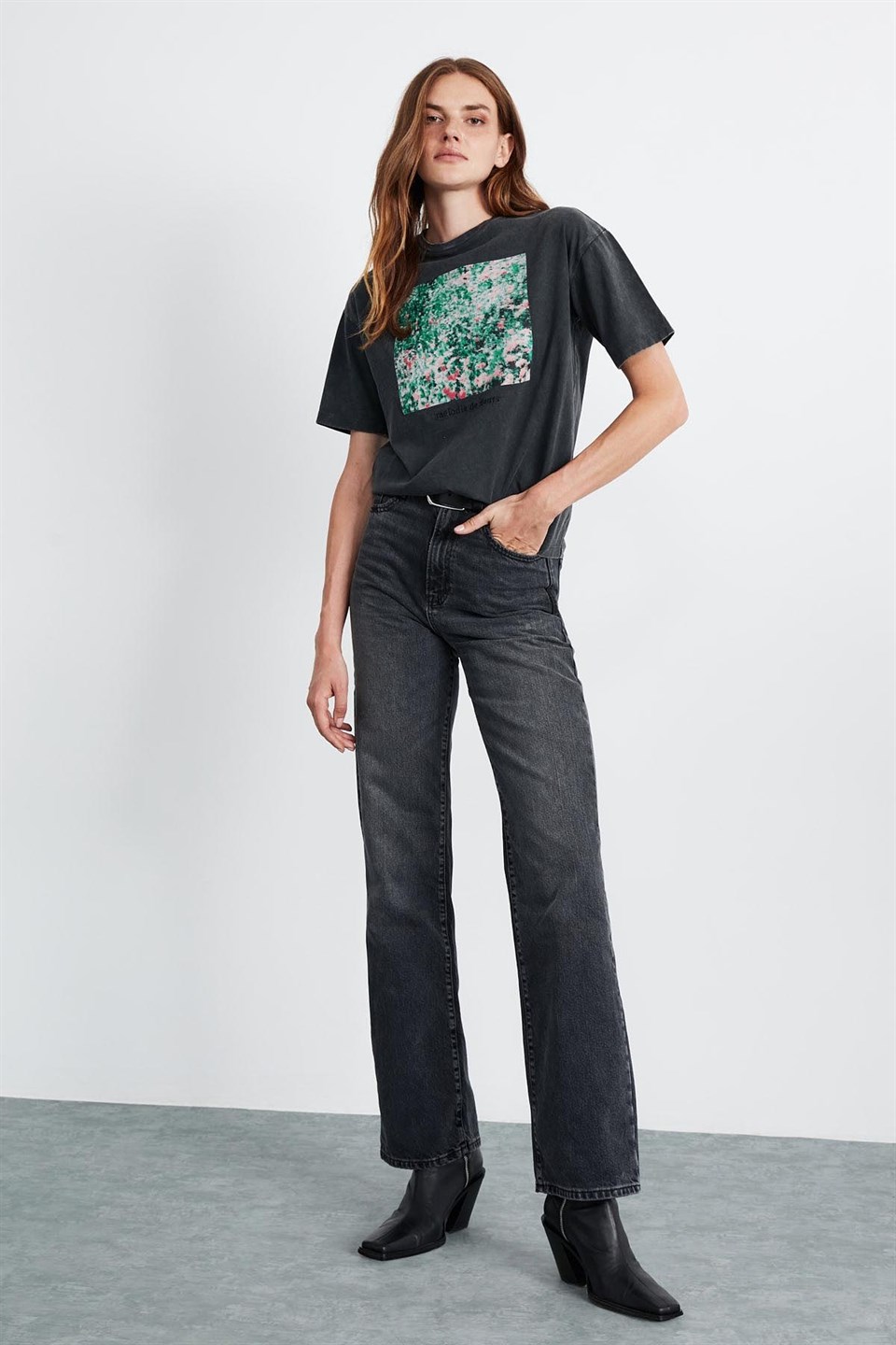 LILO Kadın Koyu Gri Baskılı Yuvarlak Yaka Comfort Fit T-Shirt