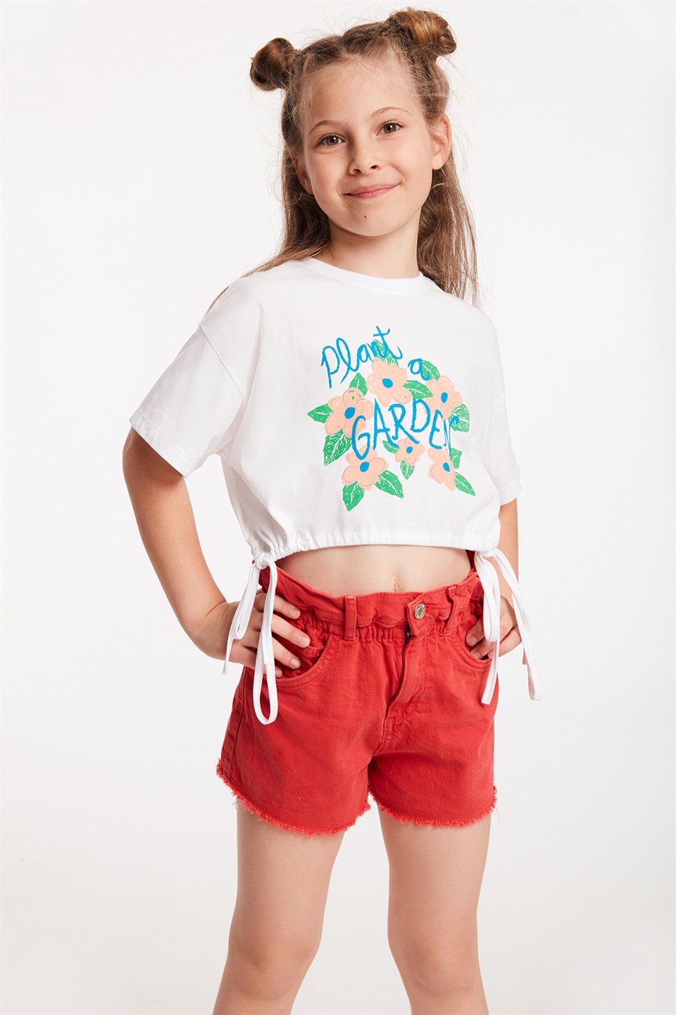 LISA Çocuk Beyaz Baskılı Yuvarlak Yaka Crop Fit T-Shirt