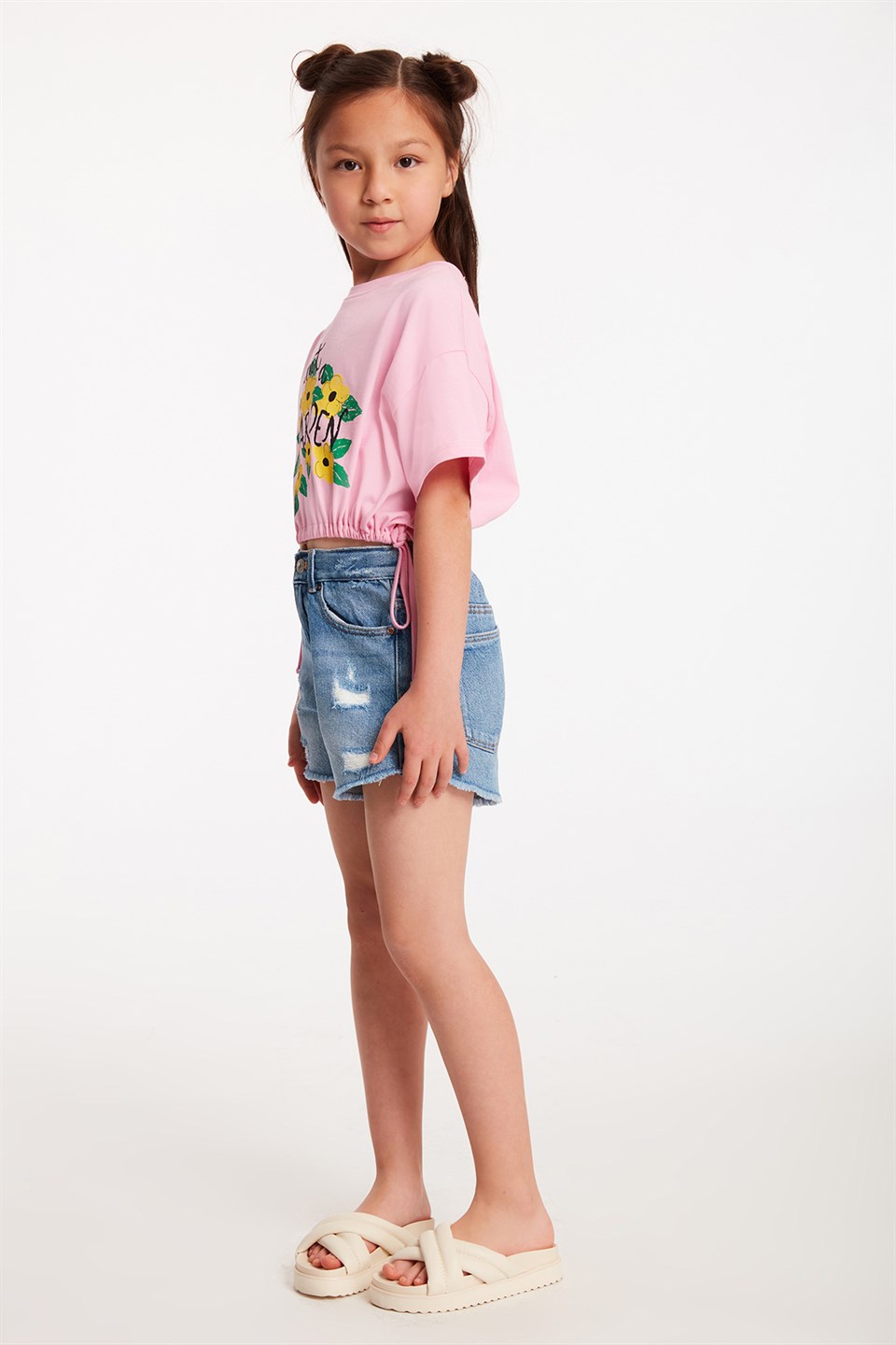 LISA Çocuk Pembe Baskılı Yuvarlak Yaka Crop Fit T-Shirt