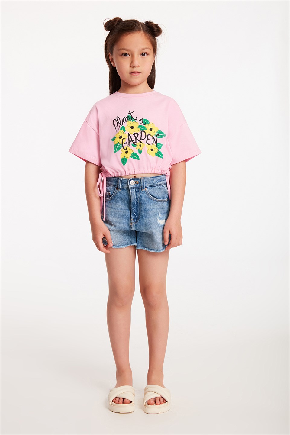 LISA Çocuk Pembe Baskılı Yuvarlak Yaka Crop Fit T-Shirt