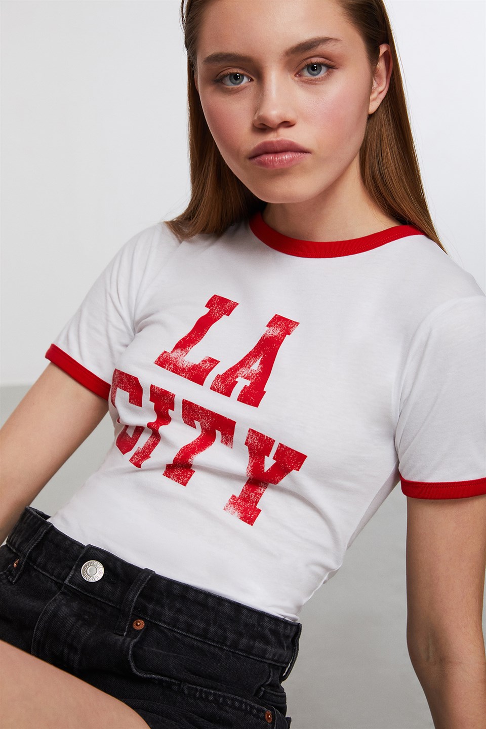 LOSANGELES Kadın Kırmızı Baskılı Yuvarlak Yaka Comfort Fit T-Shirt