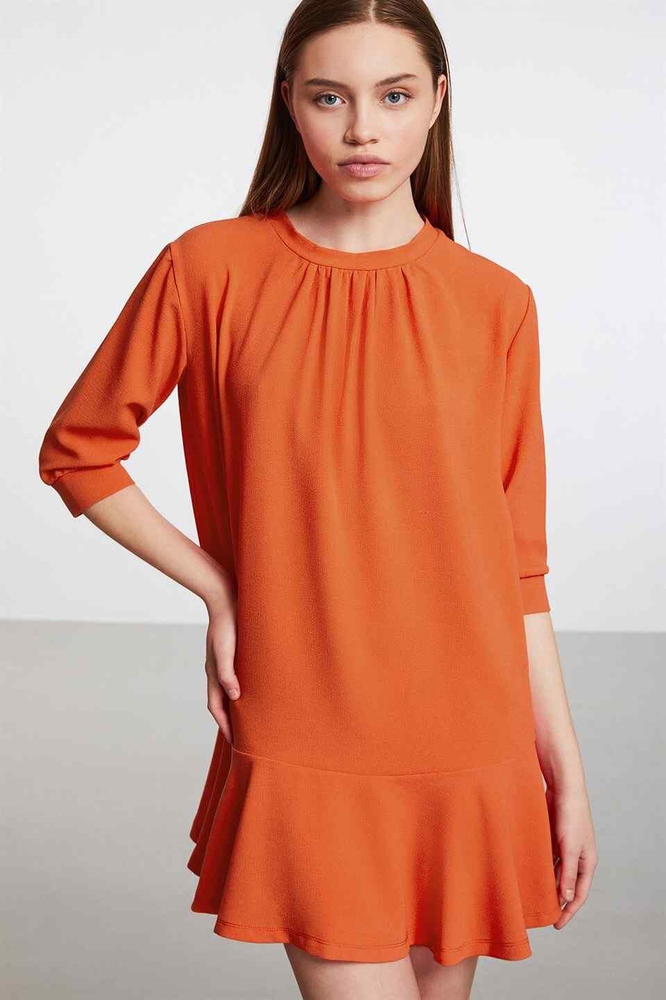 MALAGA Kadın Nar Çiçeği Düz Renk Yuvarlak Yaka Comfort Fit Elbise
