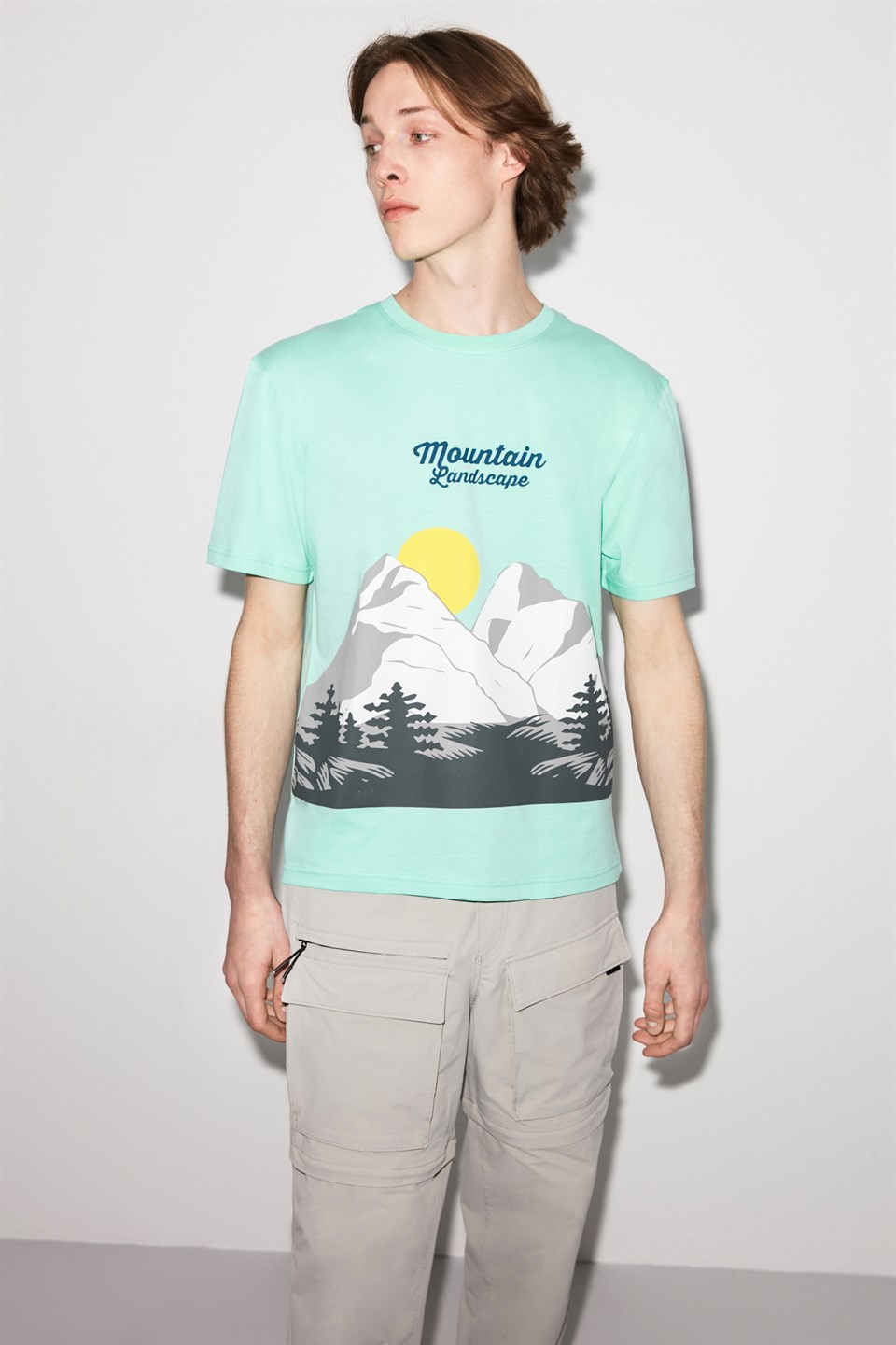 MOUNTAIN Erkek Yeşil Baskılı Yuvarlak Yaka Regular Fit T-Shirt