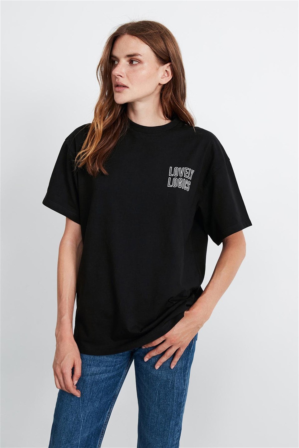 NATALIE Kadın Siyah Baskılı Yuvarlak Yaka Oversize T-Shirt