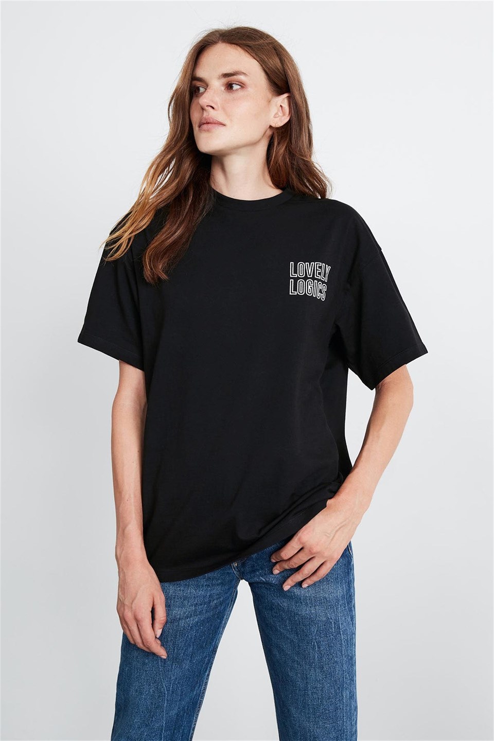 NATALIE Kadın Siyah Baskılı Yuvarlak Yaka Oversize T-Shirt