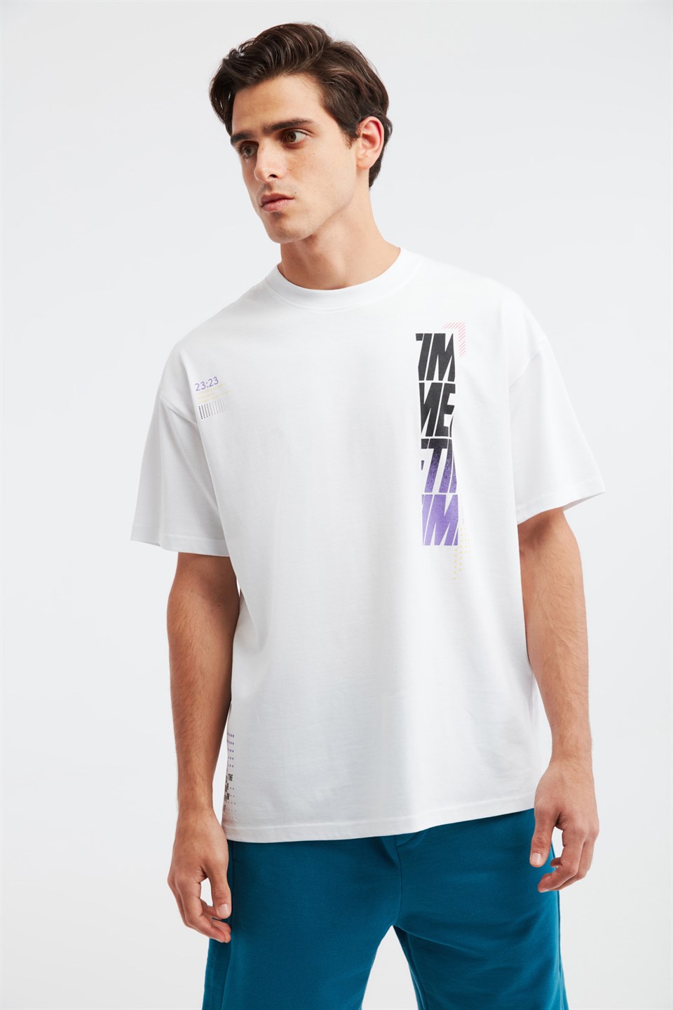 PALEY Erkek Beyaz Baskılı Yuvarlak Yaka Oversize T-Shirt