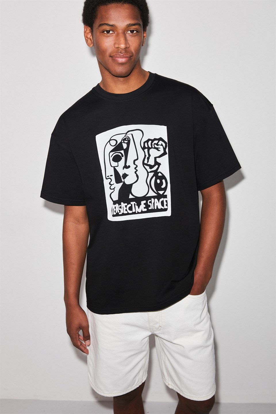 PERSPECTIVE Erkek Siyah Puff Baskılı Yuvarlak Yaka Oversize T-Shirt