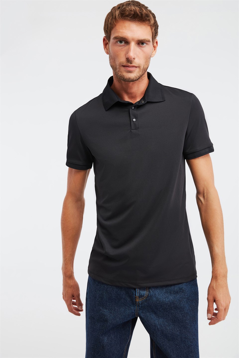 PROGRESS Erkek Siyah Düz Renk  Regular Fit Polo Yaka T-shirt