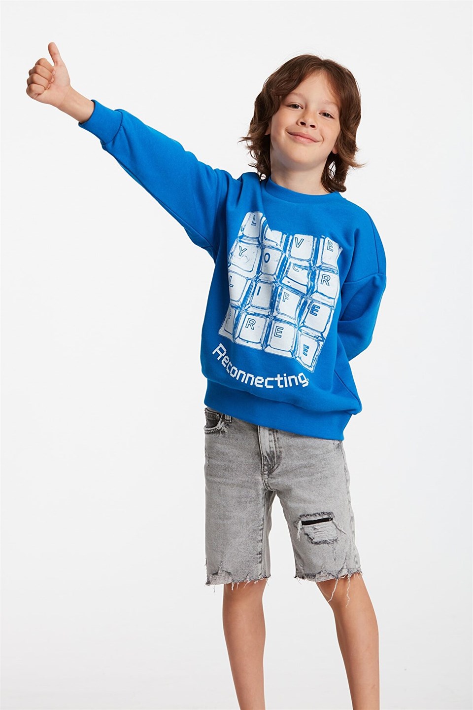 PUZZLE Çocuk Saks Mavi Baskılı Yuvarlak Yaka Relaxed Fit Sweatshirt
