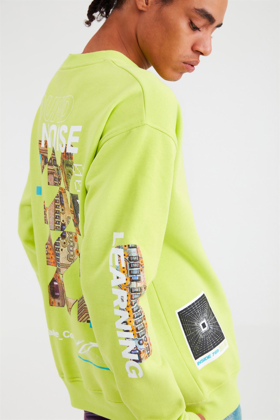 RAD Erkek Neon Yeşil Baskılı Yuvarlak Yaka Oversıze Sweatshirt