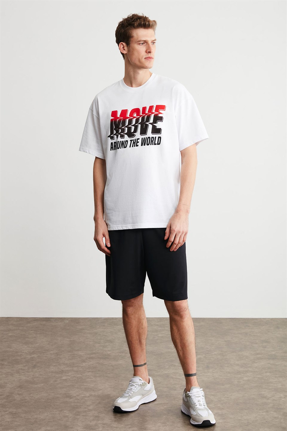 RAUL Erkek Beyaz Baskılı Yuvarlak Yaka Oversize T-Shirt