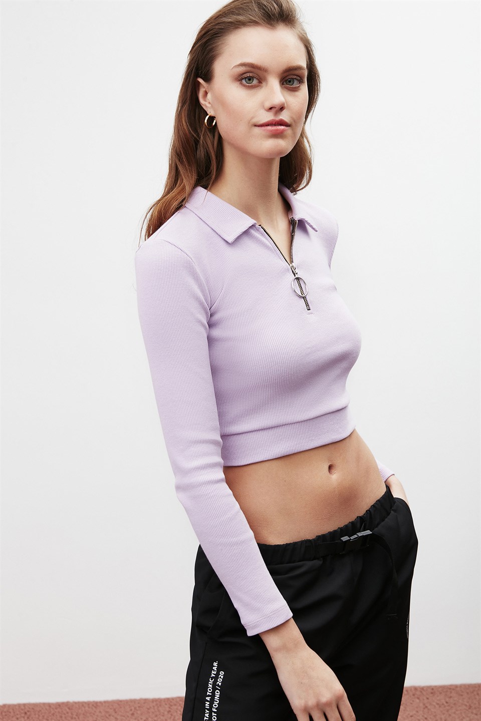 REBECA Kadın Mor Düz Renk Polo Yaka Crop Fit Bluz