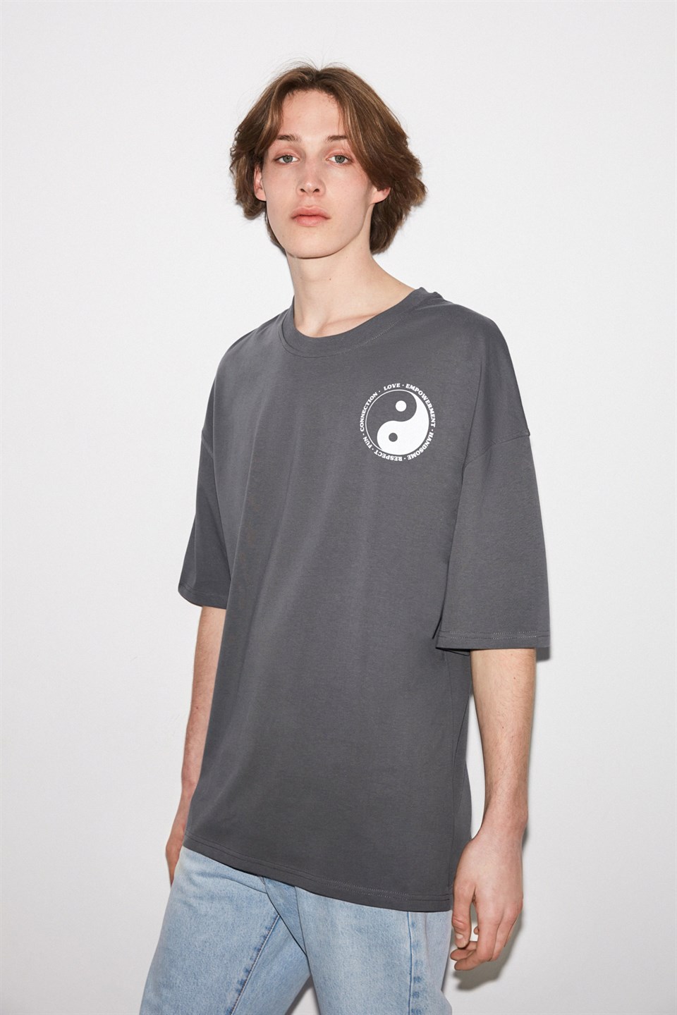RECONNECT Erkek Gri Baskılı Yuvarlak Yaka Oversize T-Shirt