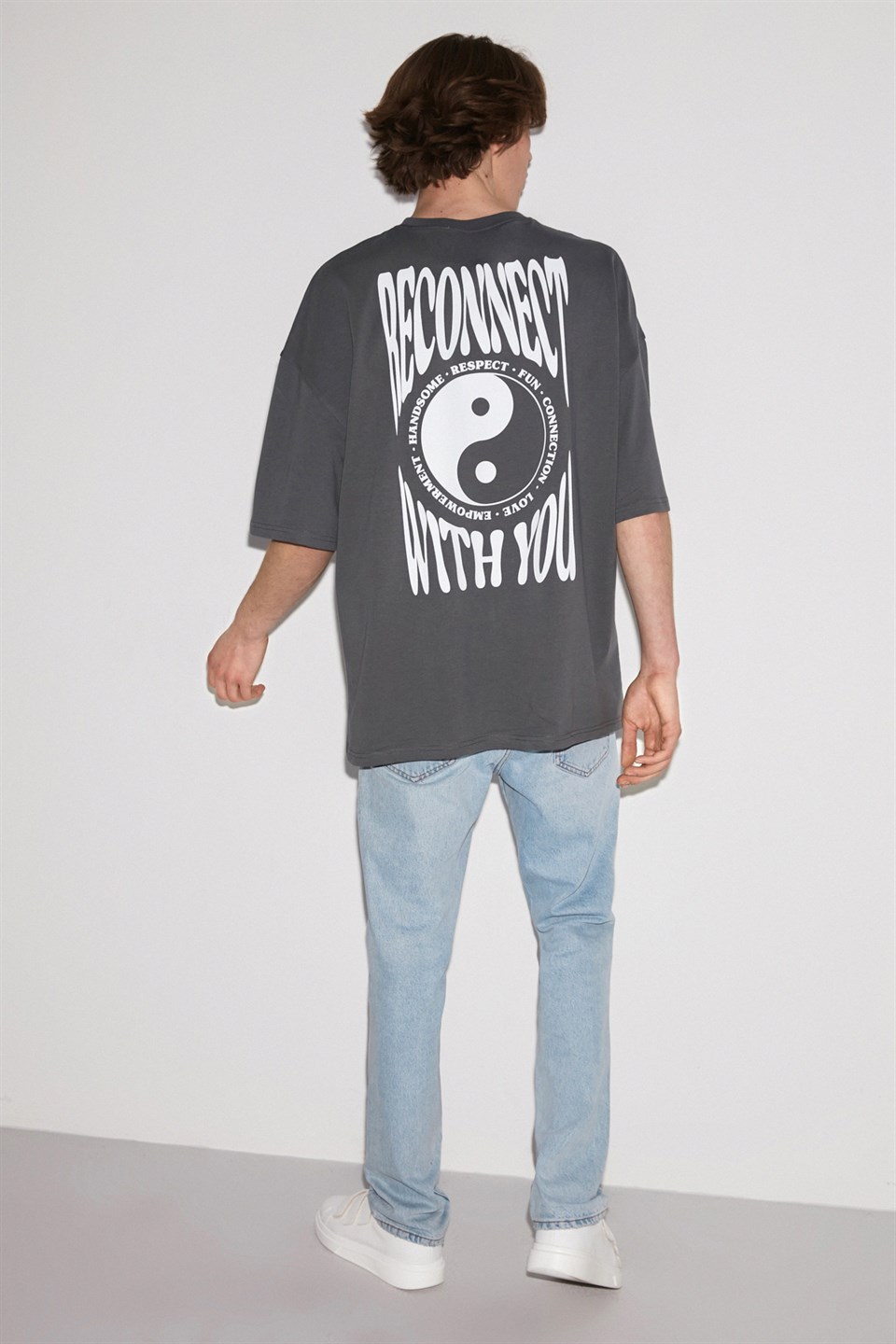 RECONNECT Erkek Gri Baskılı Yuvarlak Yaka Oversize T-Shirt