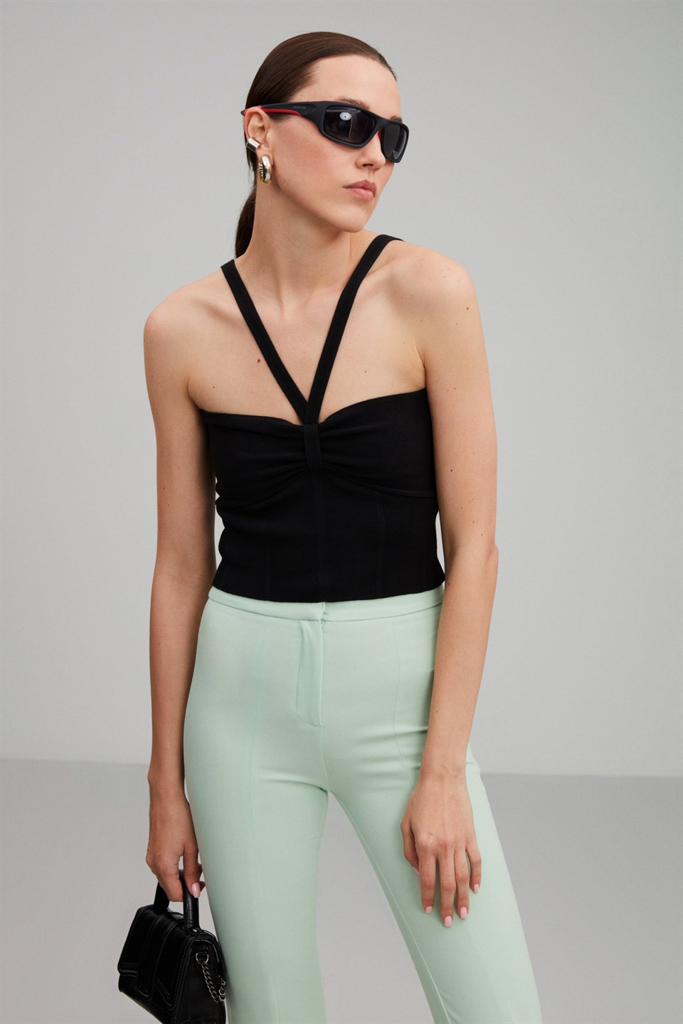 RUBY Mint Yeşil Kadın Düz Renk   Paçası Yırtmaç Detaylı Dokuma   Pantolon