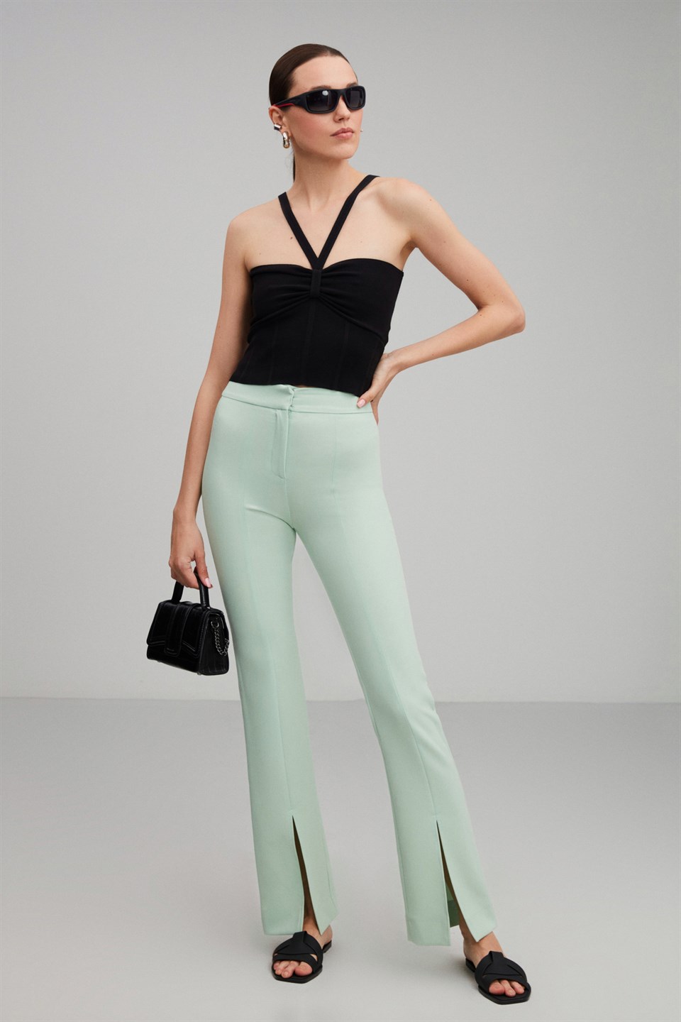 RUBY Mint Yeşil Kadın Düz Renk   Paçası Yırtmaç Detaylı Dokuma   Pantolon