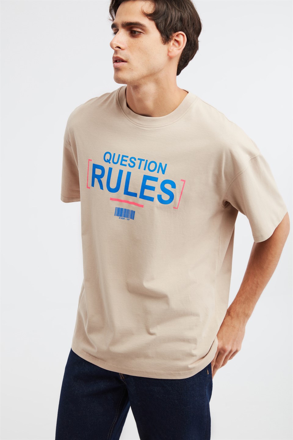 Rules Erkek Ekru Baskılı Yuvarlak Yaka Oversize T-Shirt