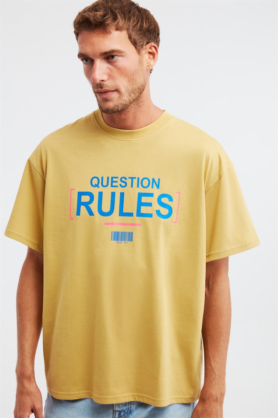 Rules Erkek Sarı Baskılı Yuvarlak Yaka Oversize T-Shirt