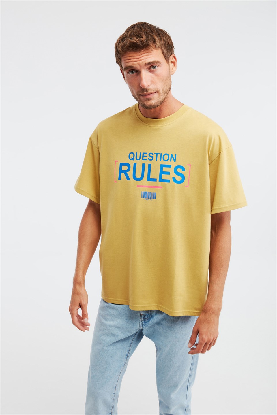 Rules Erkek Sarı Baskılı Yuvarlak Yaka Oversize T-Shirt