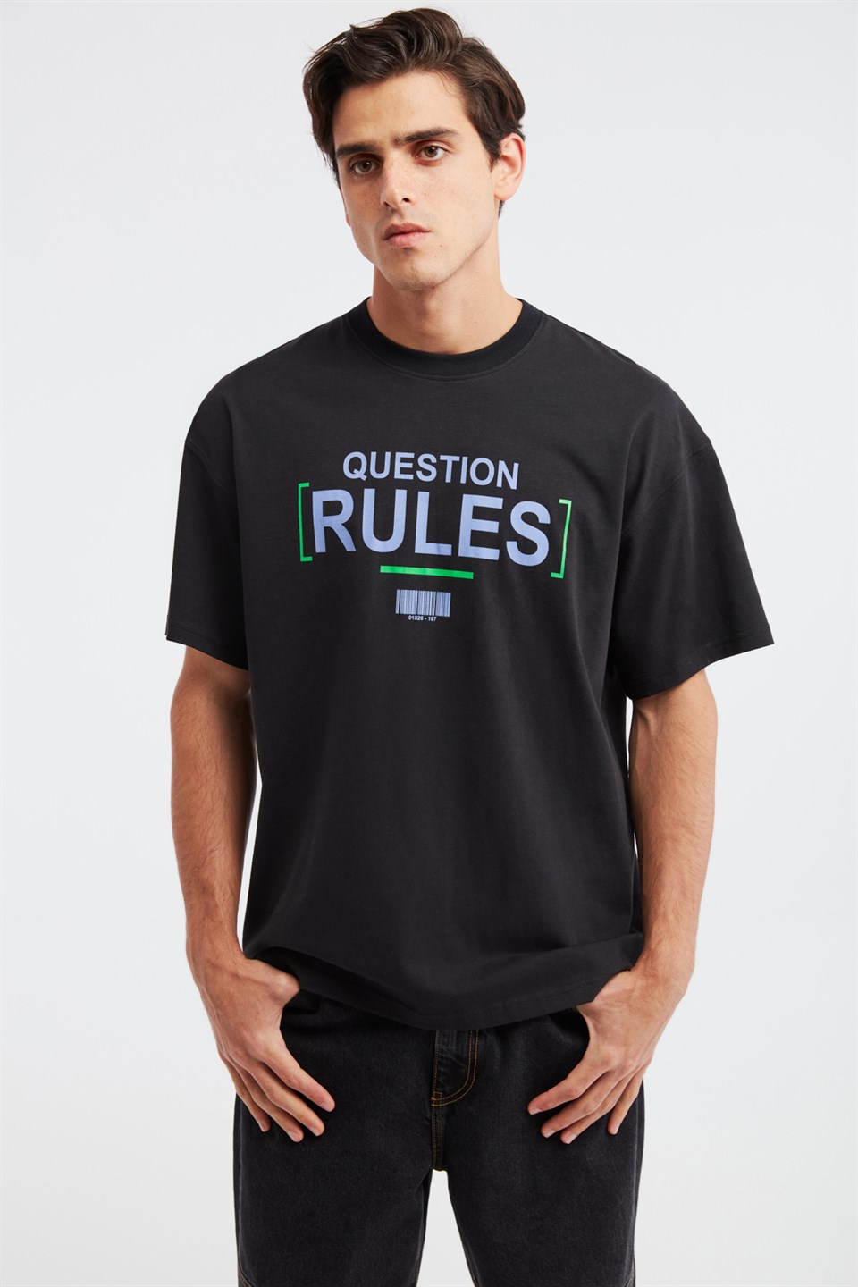 Rules Erkek Siyah Baskılı Yuvarlak Yaka Oversize T-Shirt