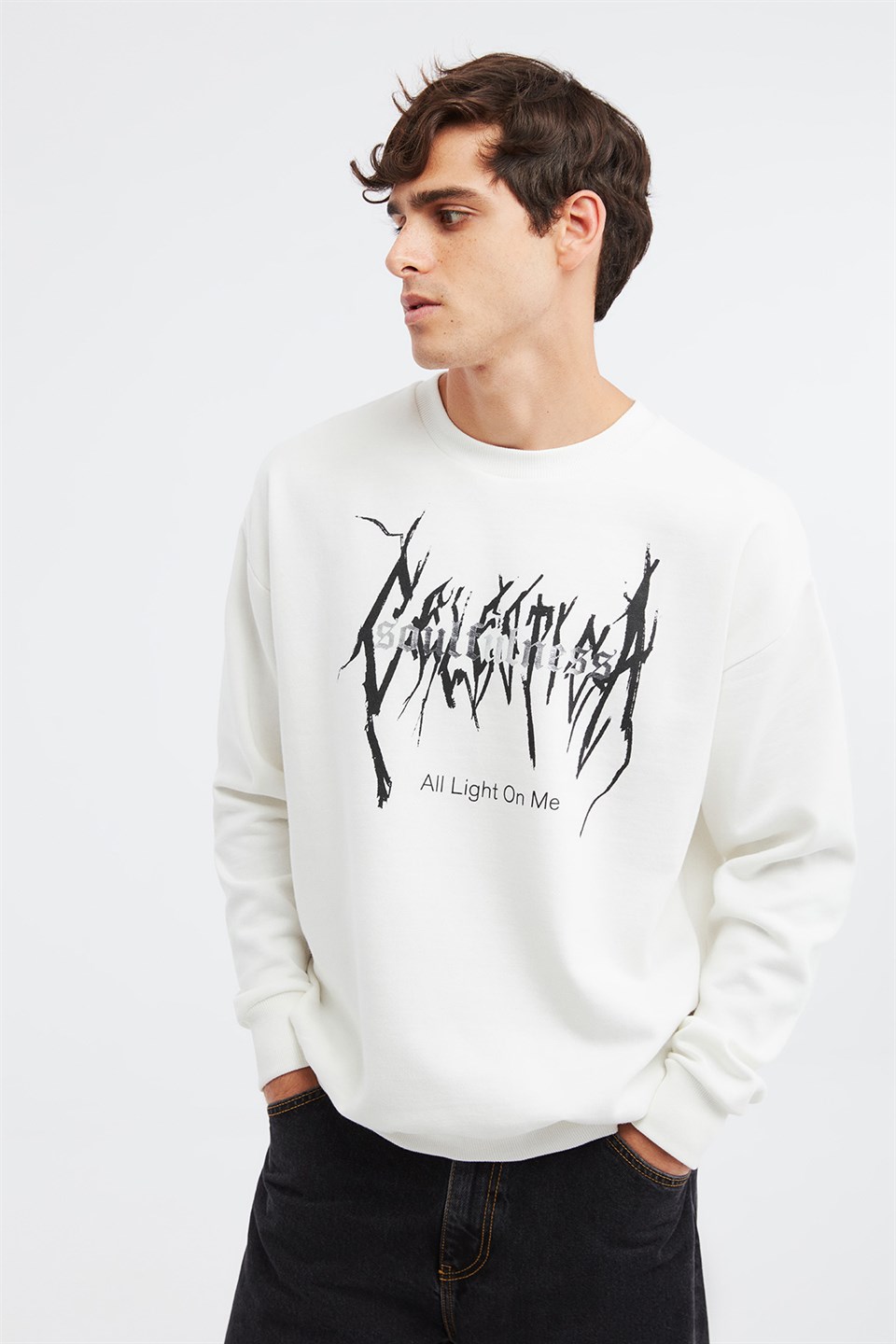 SHADOW Erkek Beyaz Baskılı Yuvarlak Yaka Oversize Sweatshirt