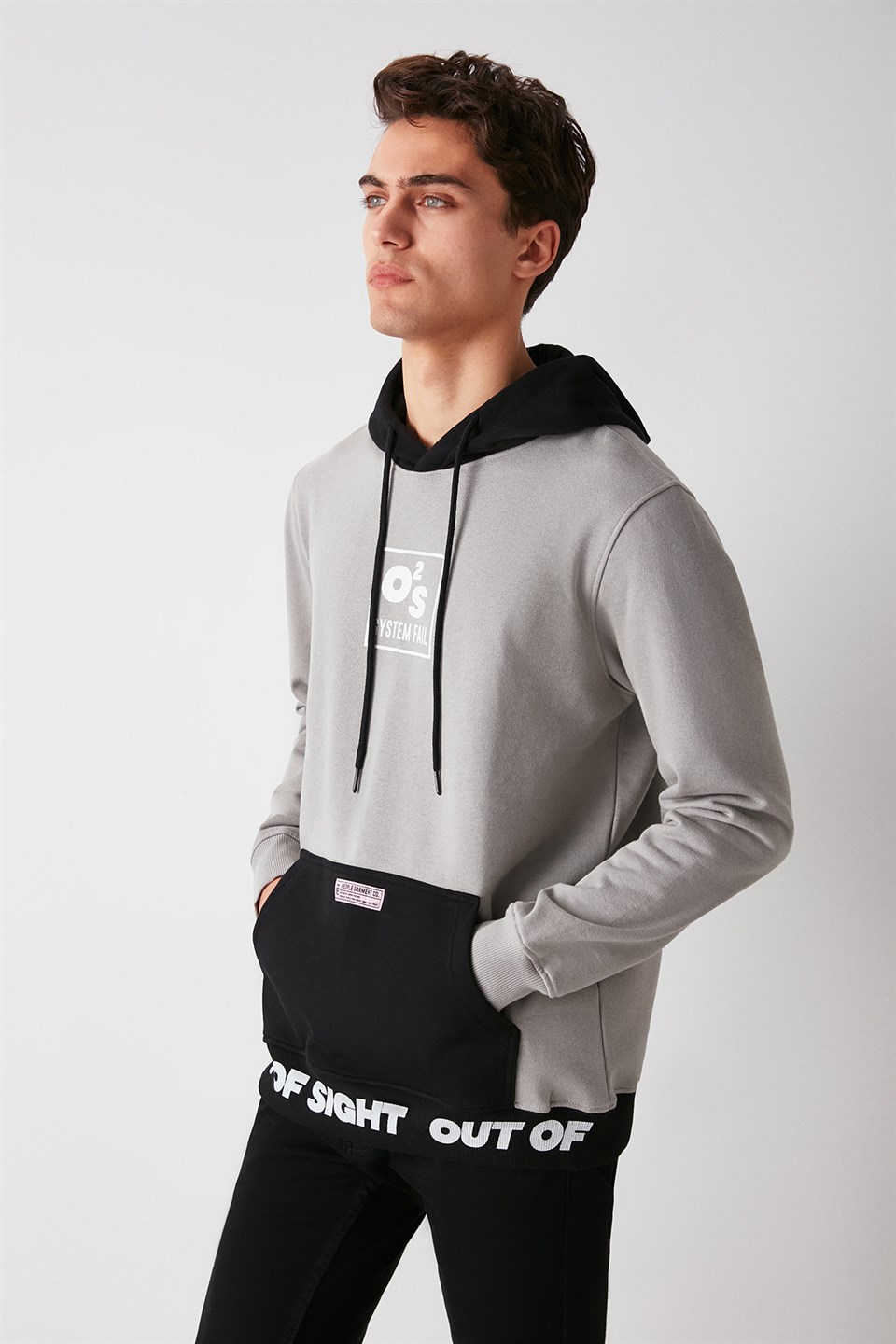 SIGHT Erkek Açık Gri Renk Bloklu Kapüşonlu Comfort Fit Sweatshirt