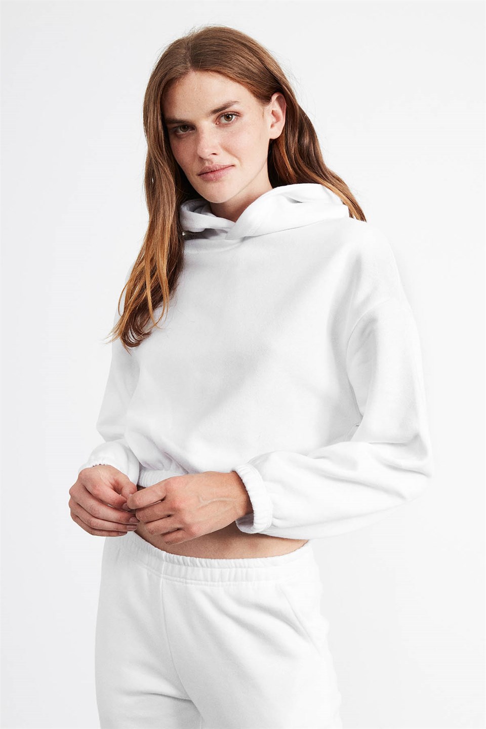 SOFIA Kadın Beyaz Düz Renk Kapüşonlu Comfort Fit Eşofman Takımı