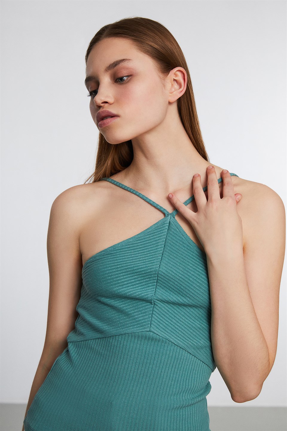 STOCKOLM Kadın Mint Yeşili Düz Renk Asimetrik Yaka Regular Fit Bluz