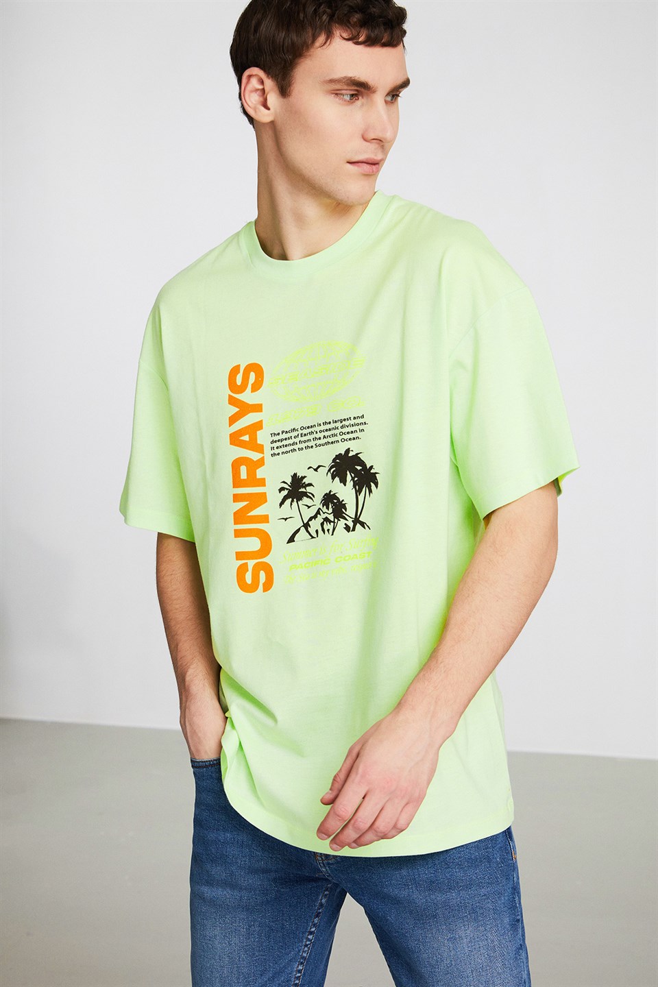 SUNRAYS Erkek Yeşil Baskılı Yuvarlak Yaka Oversize T-Shirt