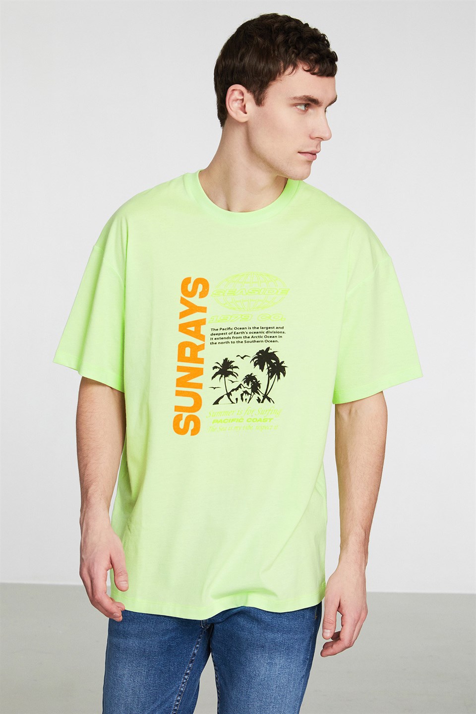 SUNRAYS Erkek Yeşil Baskılı Yuvarlak Yaka Oversize T-Shirt