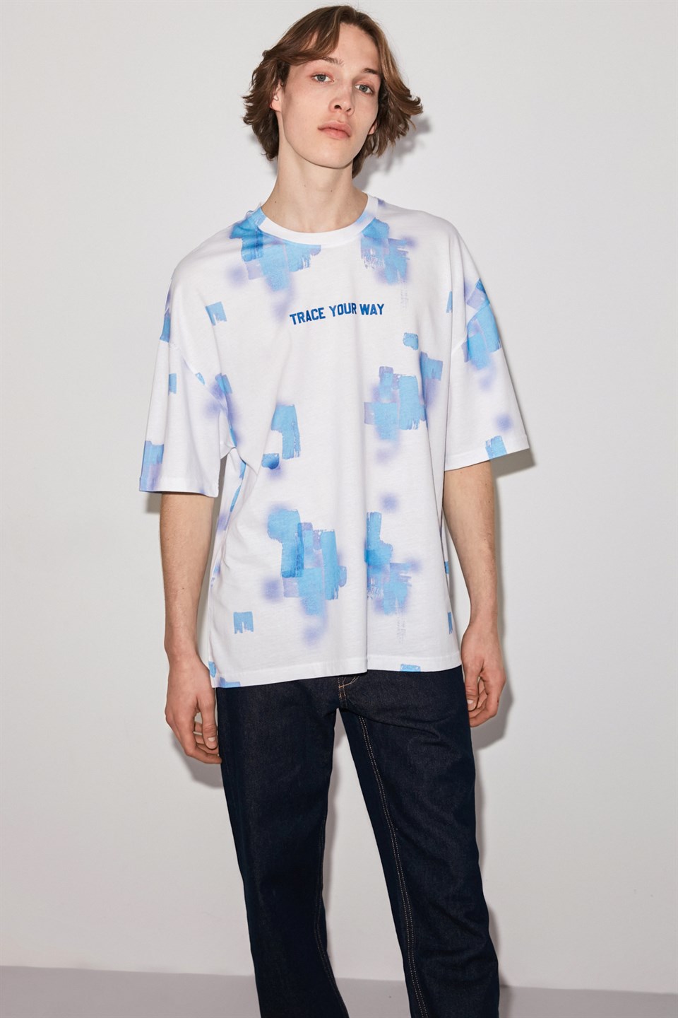 TRACE Erkek Mavi Baskılı Yuvarlak Yaka Oversize T-Shirt