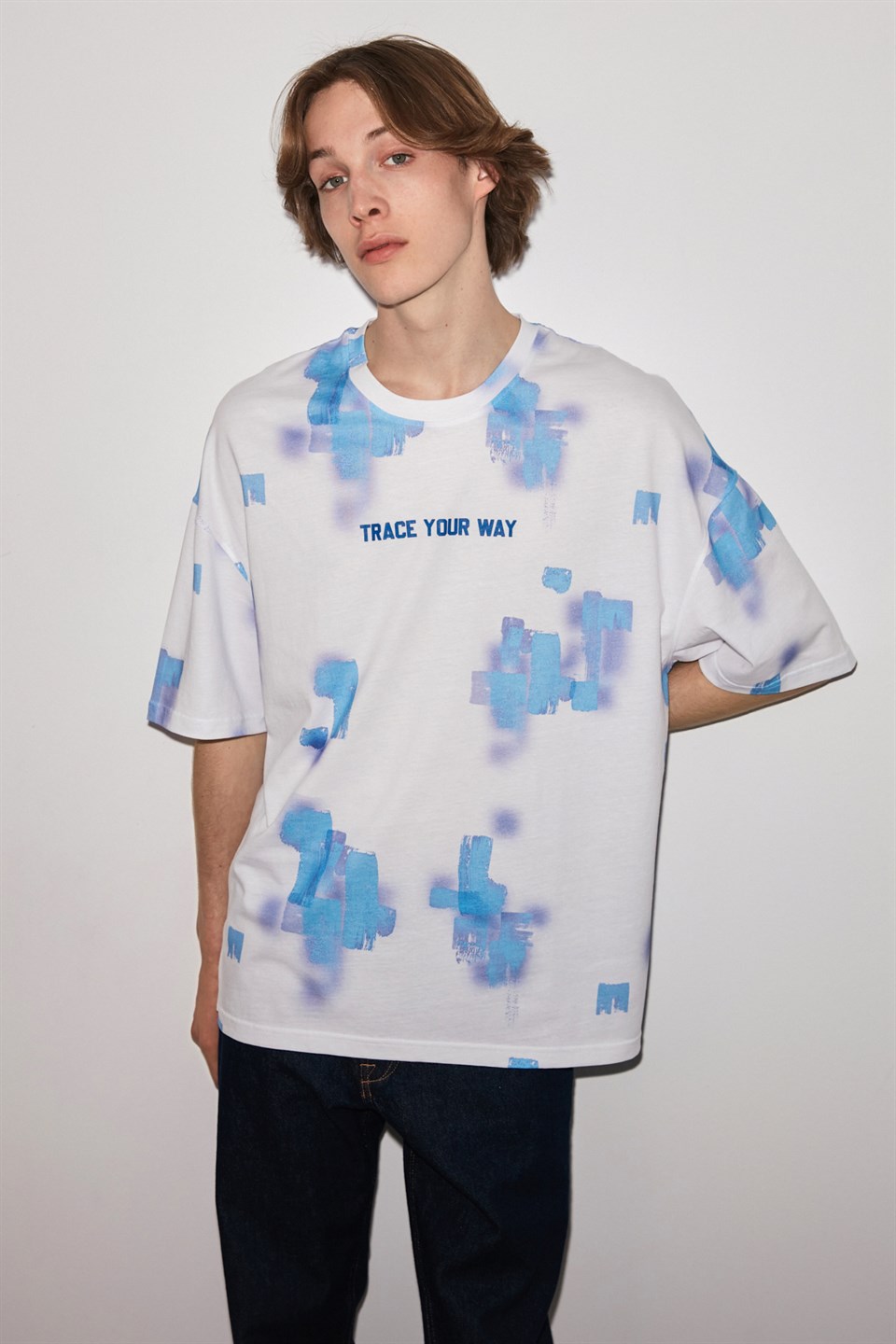 TRACE Erkek Mavi Baskılı Yuvarlak Yaka Oversize T-Shirt