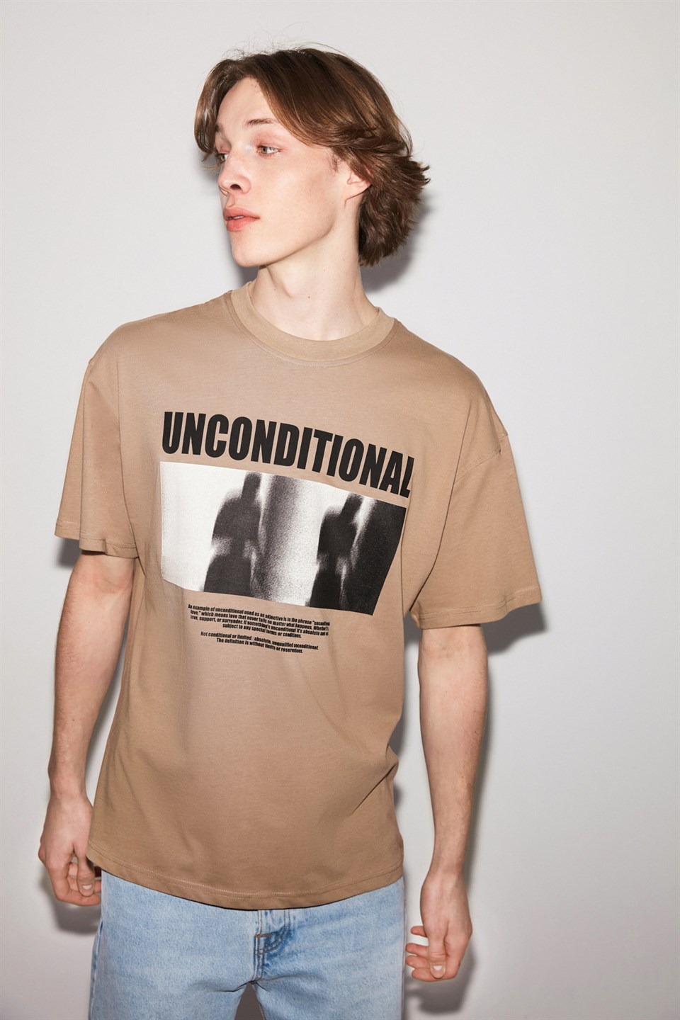 UNCONDITIONAL Erkek Bej Baskılı Yuvarlak Yaka Oversize T-Shirt