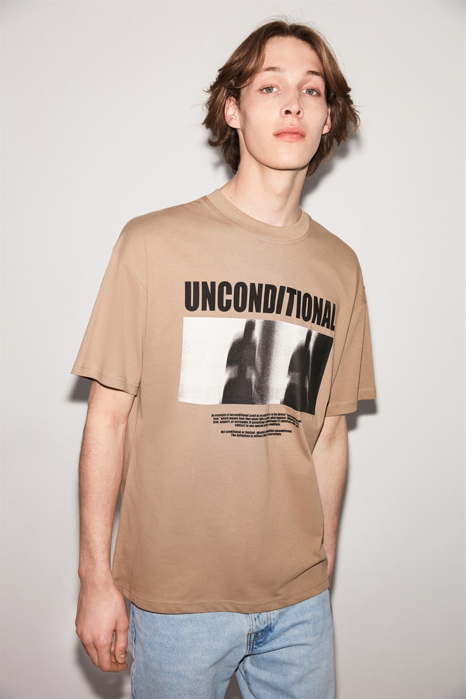 UNCONDITIONAL Erkek Bej Baskılı Yuvarlak Yaka Oversize T-Shirt