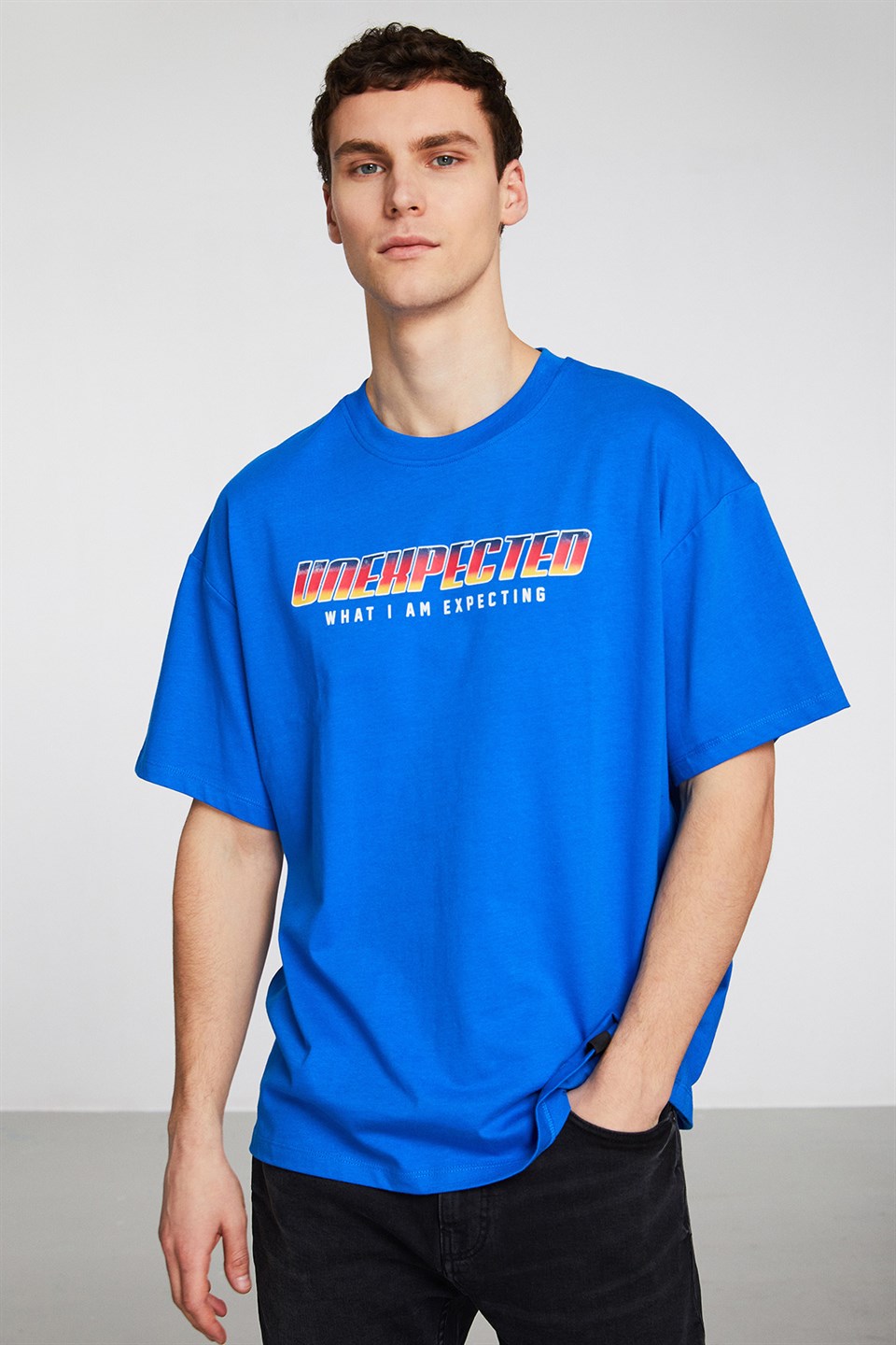 UNEXPECTED Erkek Saks Mavi Baskılı Yuvarlak Yaka Oversize T-Shirt