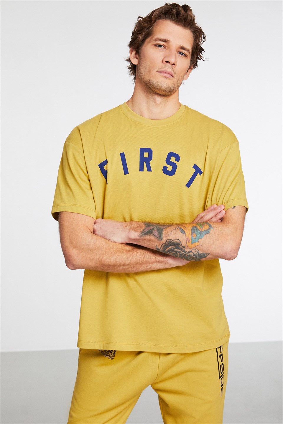 WHIST Erkek Safran Sarı Baskılı Yuvarlak Yaka Oversize T-Shirt