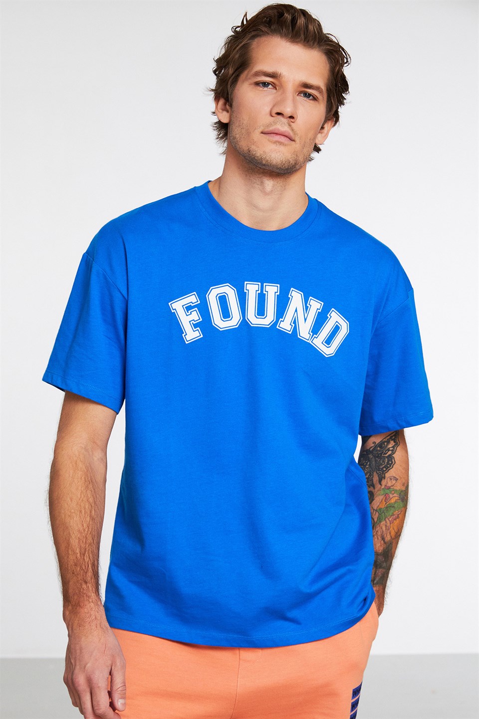 WHIST Erkek Saks Mavi Baskılı Yuvarlak Yaka Oversize T-Shirt